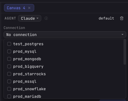 The Connection picker at the top of the agent pane, open as a checklist of databases (test_postgres, prod_mysql, prod_mongodb, prod_bigquery, and more) so several can be selected at once.