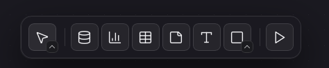 The canvas toolbar: a pointer tool with a caret, then query cell, chart, table, sticky note, text, and shape buttons (the shape button has a caret), and a run-all button at the far right.